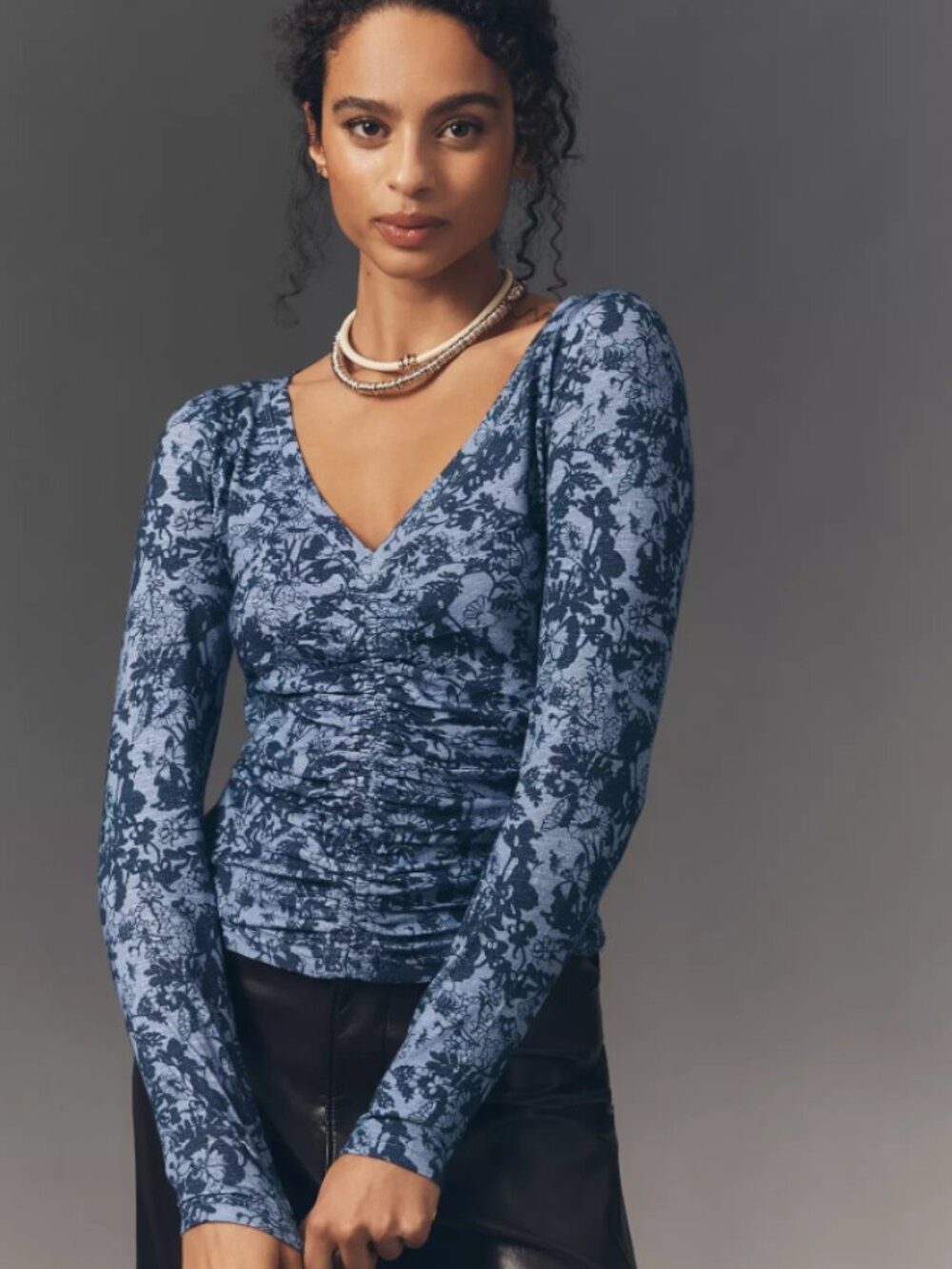 Anthropologie Pilcro Long-Sleeve Cinched V-Neck Top in Blue Floral